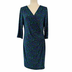 AA Studio AA Purple and Teal Faux Wrap 3/4 Sleeve Knee Length Dress ~ Women’s 12